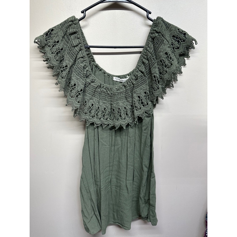 Hippie Laundry Olive Green Off Shoulder Crochet Lace Top Blouse Women Size L